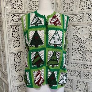 Vintage rare beaded Christmas holiday crochet zip up vest size medium‎